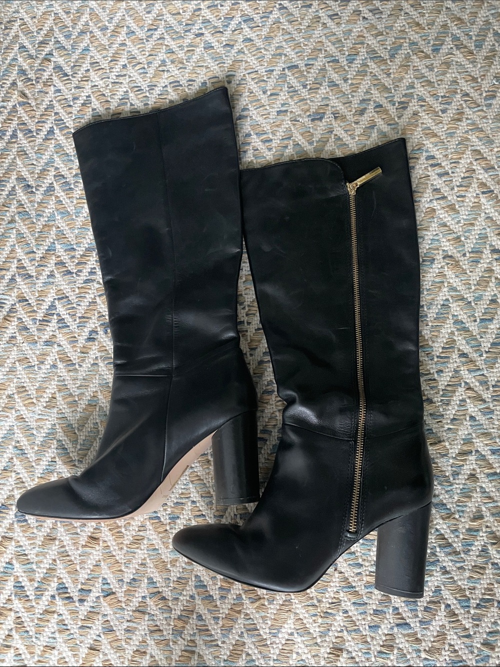 Vince Camuto Black Leather Mid-Calf Block Heel Boots with Side Zip